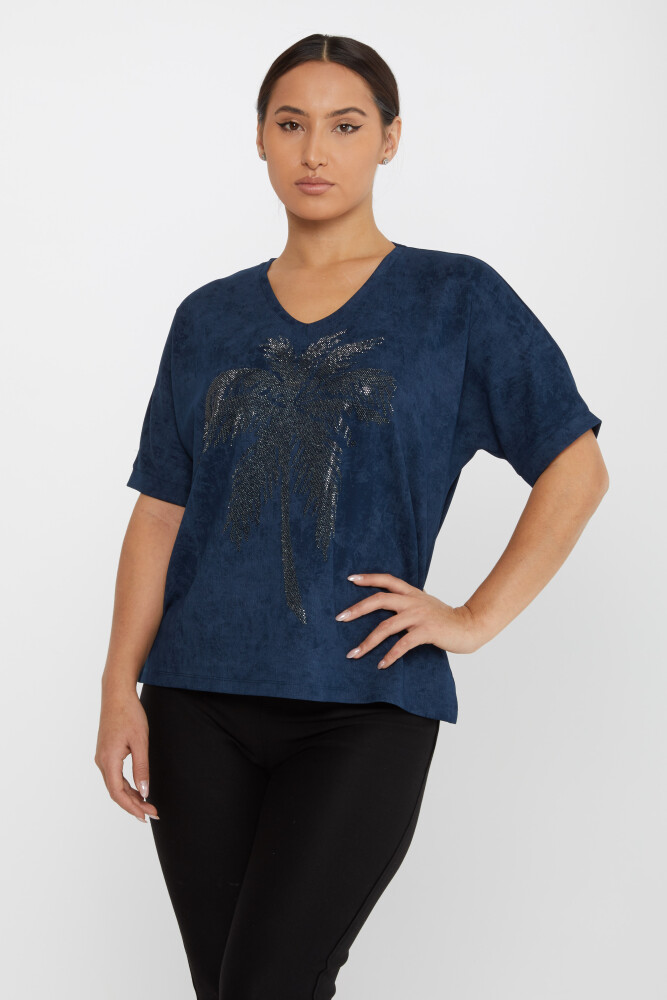 Bluse mit Palmen-Stickerei, kurzärmlig, Marineblau – 79994 | KAZEE (3er-Set M-L-XL) - 1