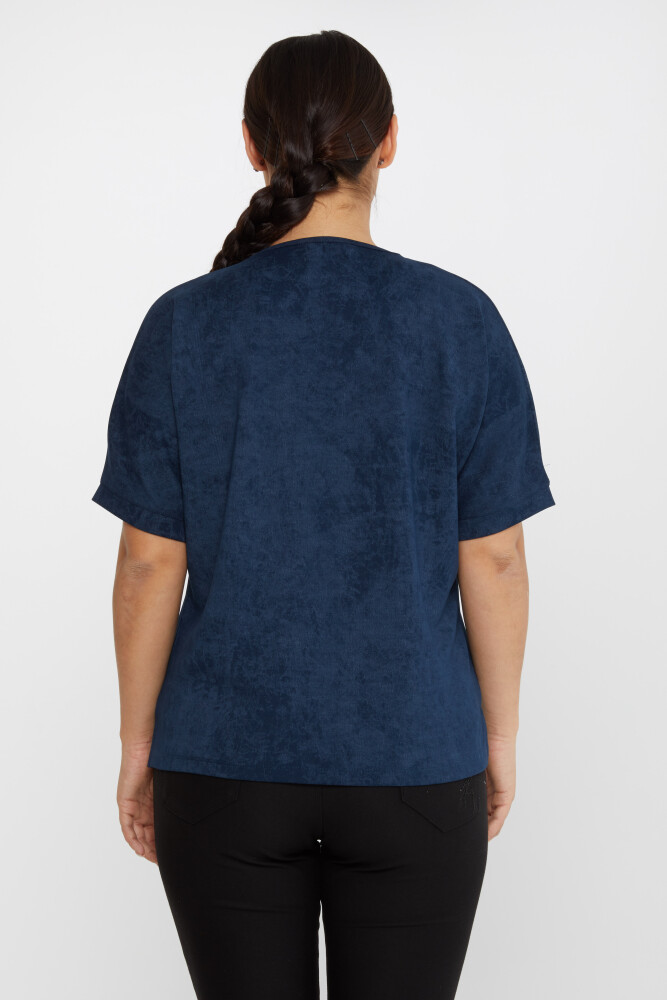 Bluse mit Palmen-Stickerei, kurzärmlig, Marineblau – 79994 | KAZEE (3er-Set M-L-XL) - 5