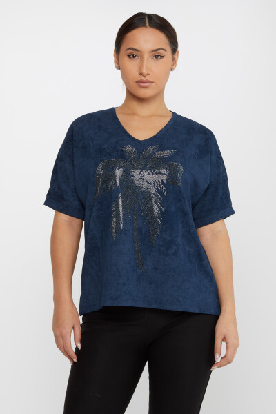 Bluse mit Palmen-Stickerei, kurzärmlig, Marineblau – 79994 | KAZEE (3er-Set M-L-XL) - 2