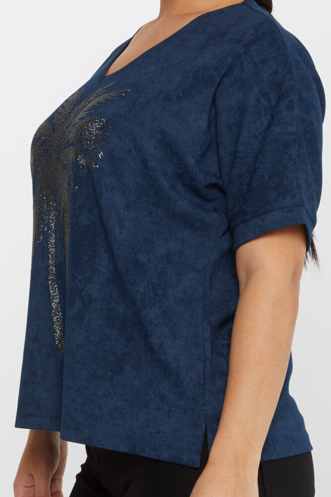 Bluse mit Palmen-Stickerei, kurzärmlig, Marineblau – 79994 | KAZEE (3er-Set M-L-XL) - 4