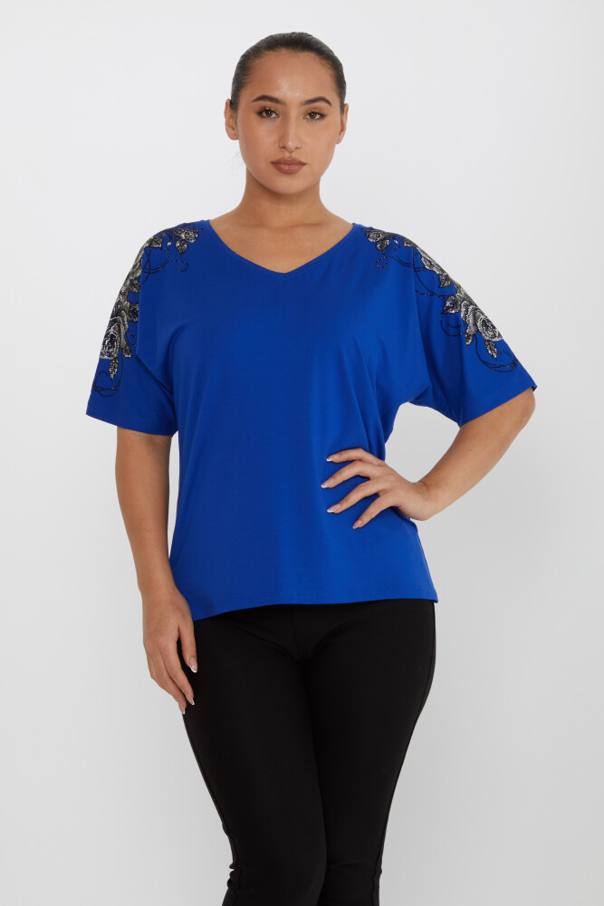 Bluz Çiçek Taş İşlemeli Saks - 80101 | KAZEE (4'lü Set L-XL-2XL-3XL) - 1