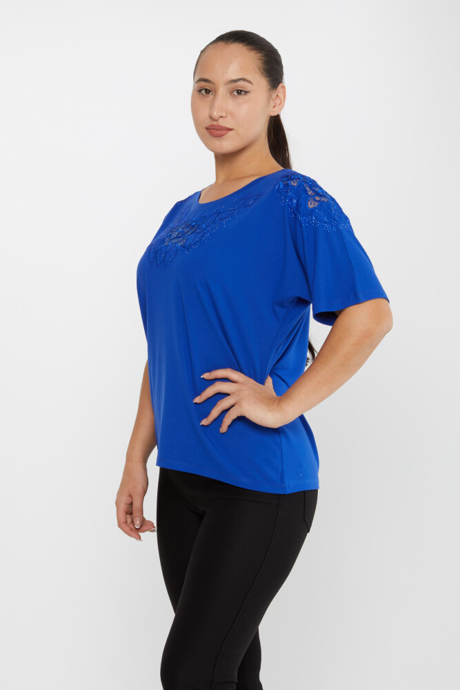 Bluz Gül Nakış İşlemeli Saks - 80062 | KAZEE (4'lü Set L-XL-2XL-3XL) - 2