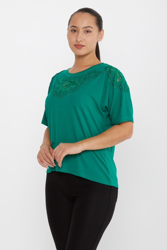 Bluz Gül Nakış İşlemeli Yeşil - 80062 | KAZEE (4'lü Set L-XL-2XL-3XL) - 1