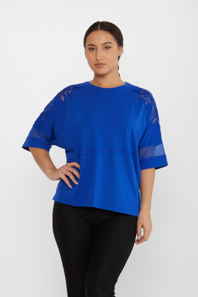 Bluz Kol Taş Nakış Detaylı Saks - 79065 | KAZEE (4'lü Set M-L-XL-2XL) - 2