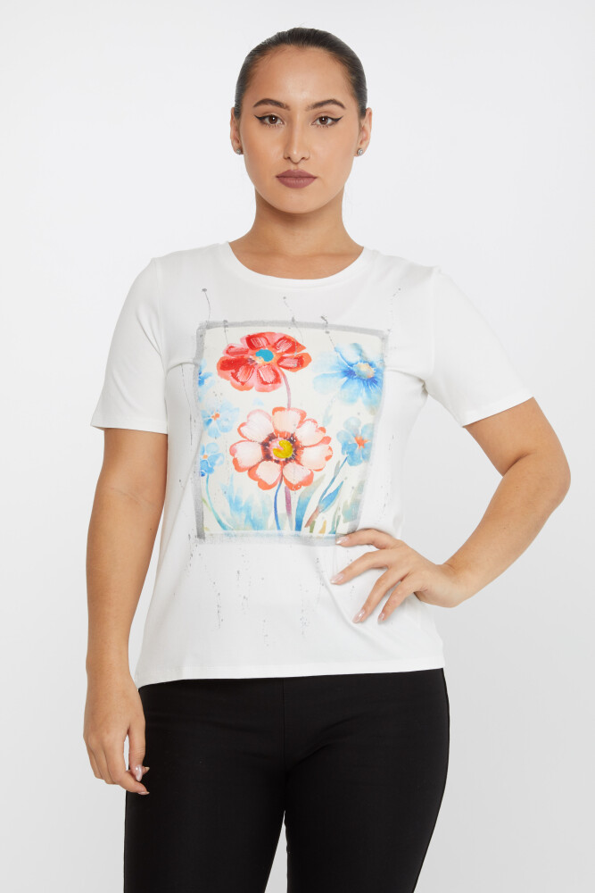 Bluză cu mânecă scurtă cu imprimeu floral colorat Ecru - 79912 | KAZEE (Set de 4 M-L-XL-2XL) - 1