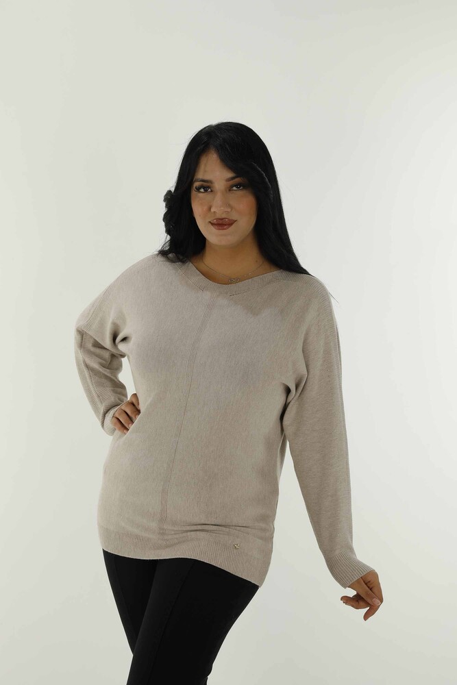 Boat Neck Glittery Long Sleeve Knitwear Beige - 31006 | KAZEE - 1