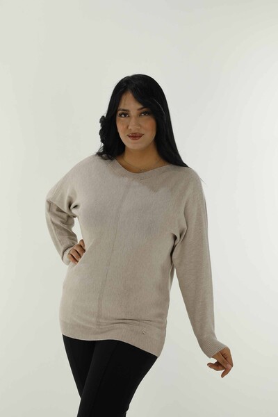 Boat Neck Glittery Long Sleeve Knitwear Beige - 31006 | KAZEE 