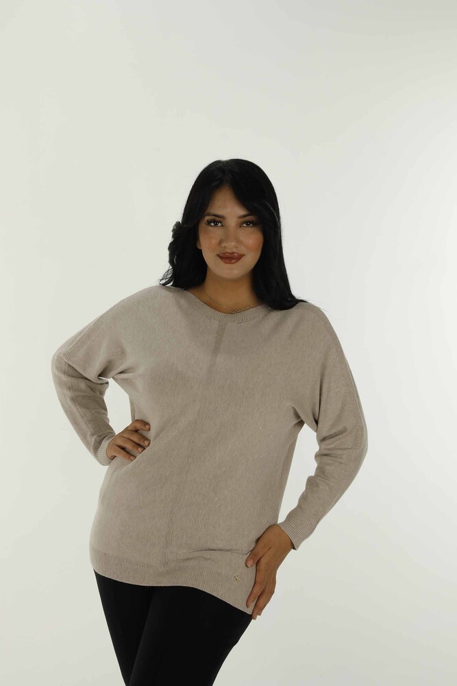 Boat Neck Glittery Long Sleeve Knitwear Beige - 31006 | KAZEE - 3