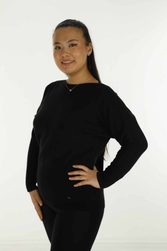 Boat Neck Glittery Long Sleeve Knitwear Black - 31006 | KAZEE