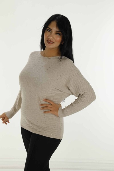 Boat Neck Glittery Long Sleeve Knitwear Beige - 31007 | KAZEE - 2