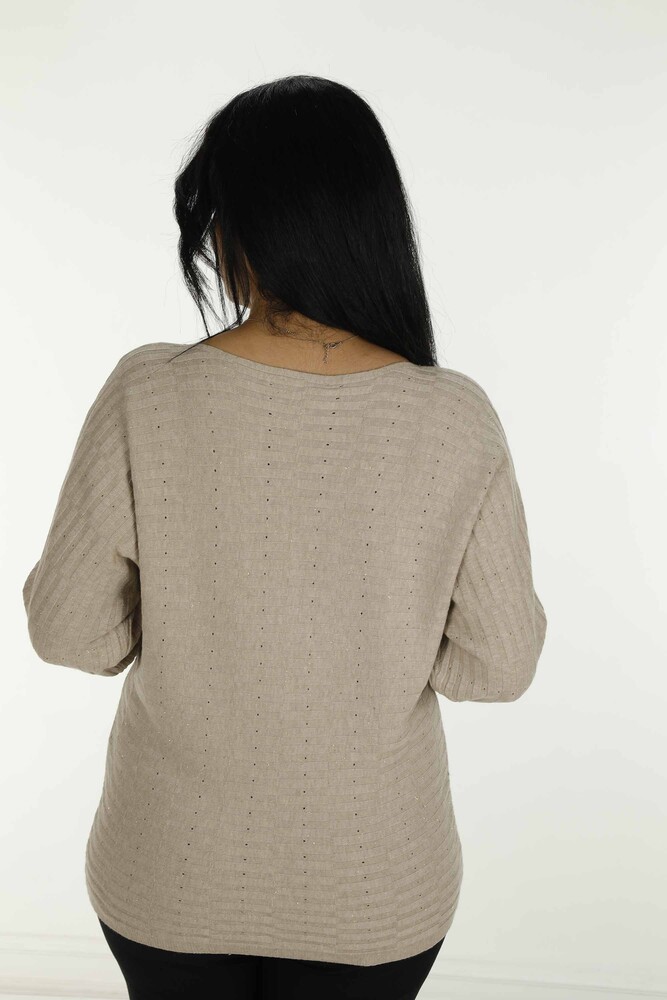 Boat Neck Glittery Long Sleeve Knitwear Beige - 31007 | KAZEE - 3