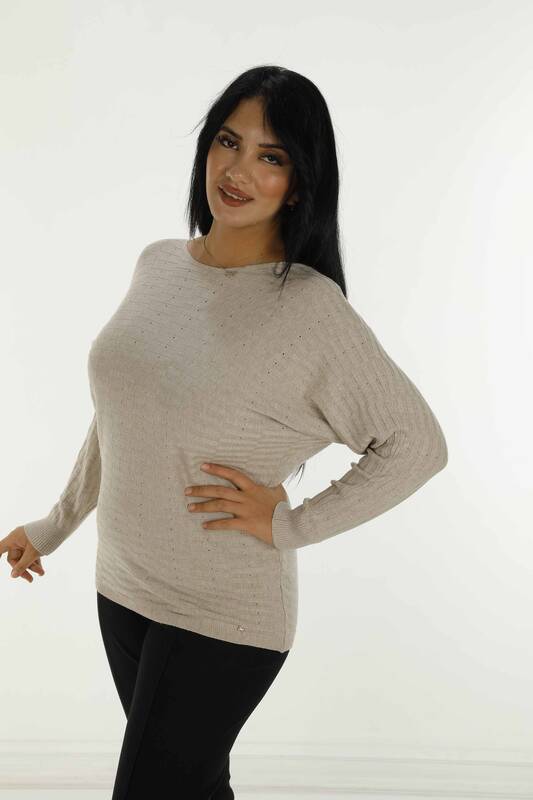 Boat Neck Glittery Long Sleeve Knitwear Beige - 31007 | KAZEE