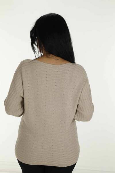 Boat Neck Glittery Long Sleeve Knitwear Beige - 31007 | KAZEE - Thumbnail