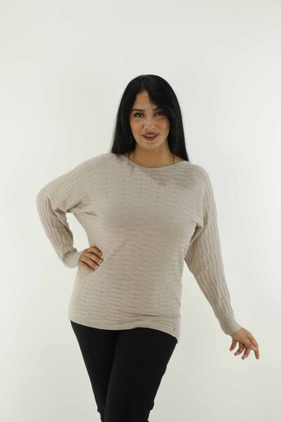 Boat Neck Glittery Long Sleeve Knitwear Beige - 31007 | KAZEE - Thumbnail