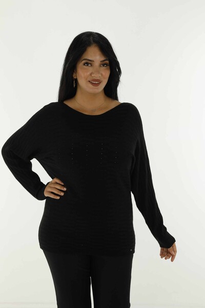 Boat Neck Glittery Long Sleeve Knitwear Black - 31007 | KAZEE - 1