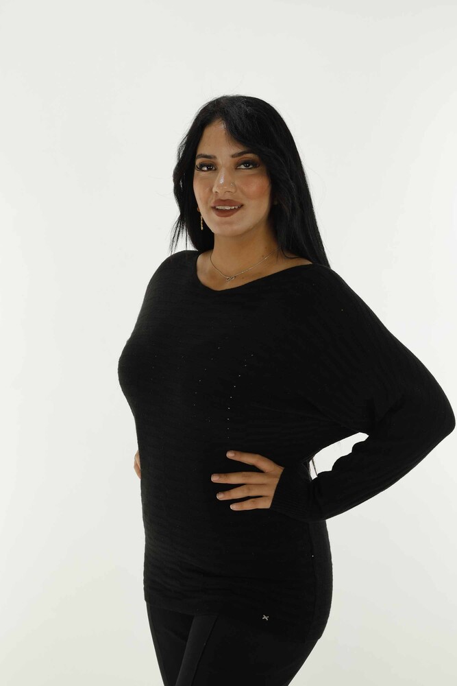 Boat Neck Glittery Long Sleeve Knitwear Black - 31007 | KAZEE - 2