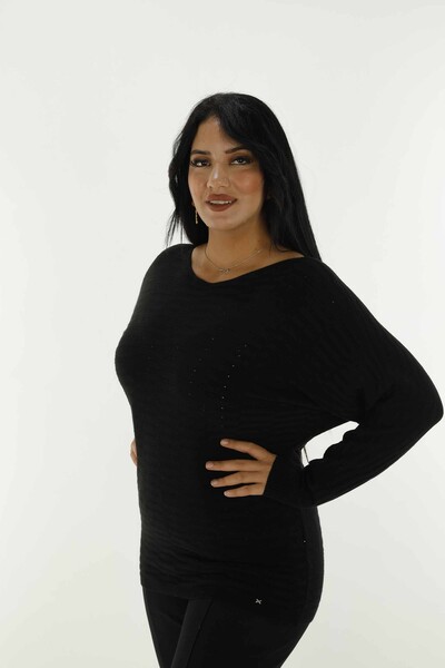 Boat Neck Glittery Long Sleeve Knitwear Black - 31007 | KAZEE - Thumbnail