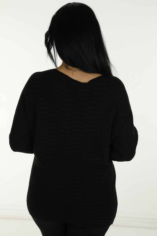 Boat Neck Glittery Long Sleeve Knitwear Black - 31007 | KAZEE