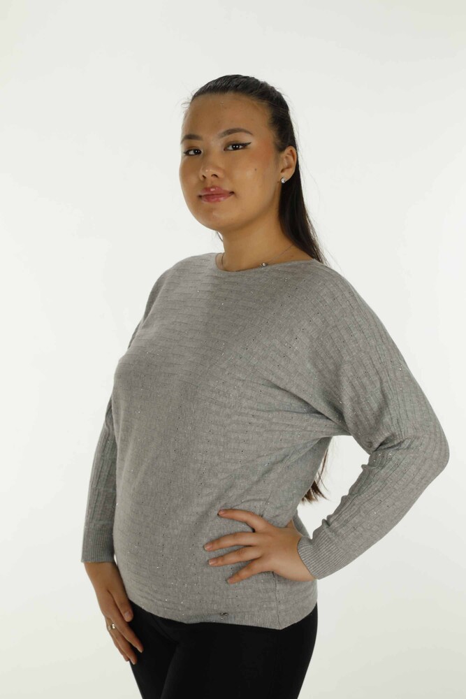 Boat Neck Glittery Long Sleeve Sweater Gray - 31007 | KAZEE - 1