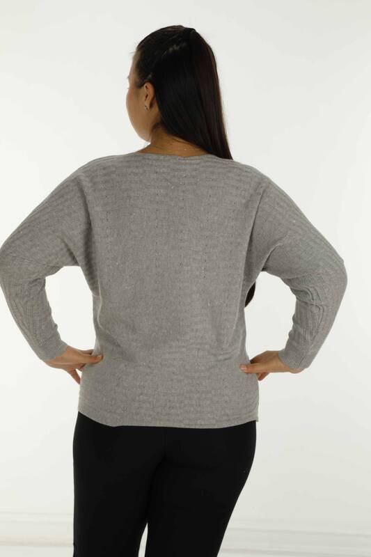 Boat Neck Glittery Long Sleeve Sweater Gray - 31007 | KAZEE