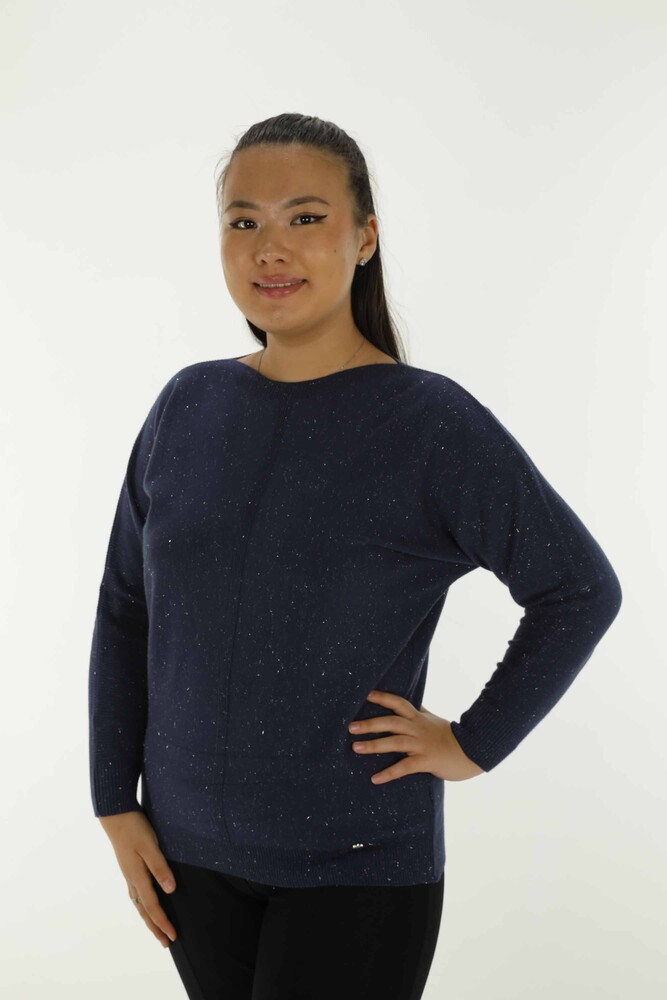 Boat Neck Glittery Long Sleeve Knitwear Navy Blue - 31006 | KAZEE - 1