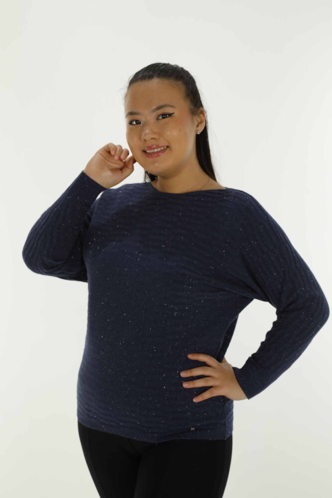 Boat Neck Glittery Long Sleeve Knitwear Navy Blue - 31007 | KAZEE - 1