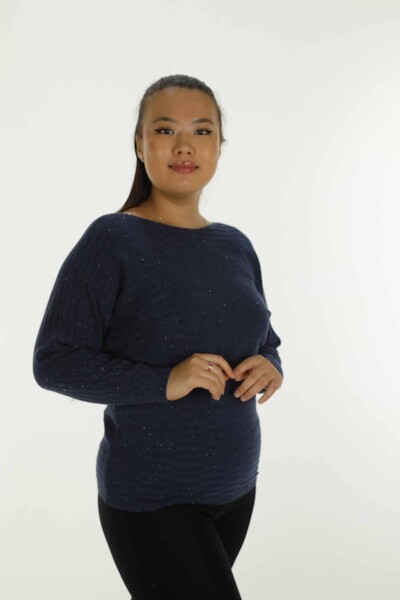 Boat Neck Glittery Long Sleeve Knitwear Navy Blue - 31007 | KAZEE - Thumbnail