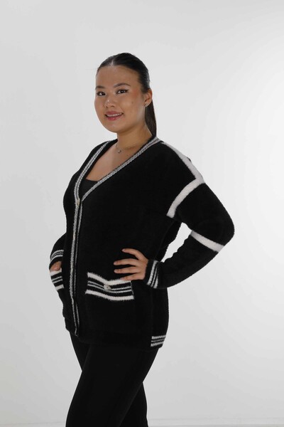 Cardigan Angora Boutonné Col V Manches Longues Noir Blanc - 30784 | KAZEE (Lot de 3 M L XL) - Thumbnail