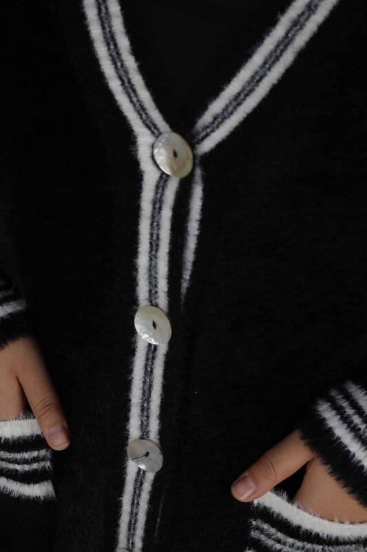 Cardigan Angora Boutonné Col V Manches Longues Noir Blanc - 30784 | KAZEE (Lot de 3 M L XL)