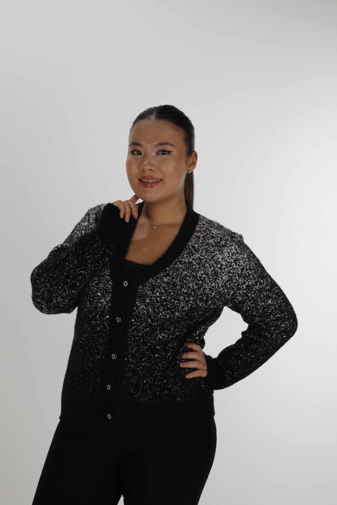 Cardigan angora cu decolteu în V Negru Ecru - 30897 | KAZEE (Set de 4 S-M-L-XL) - 1