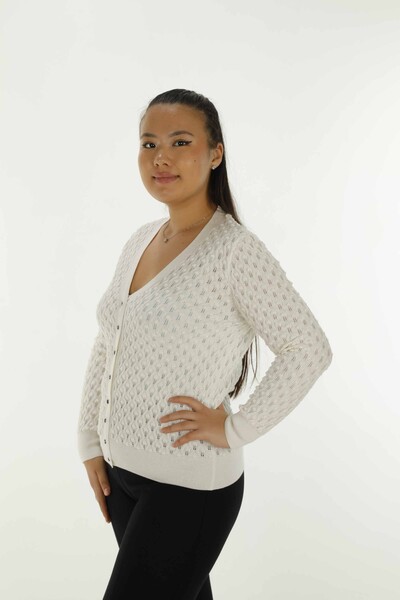 Cardigan in maglia glitter con scollo a V Ecru - 30036 | KAZEE - Thumbnail