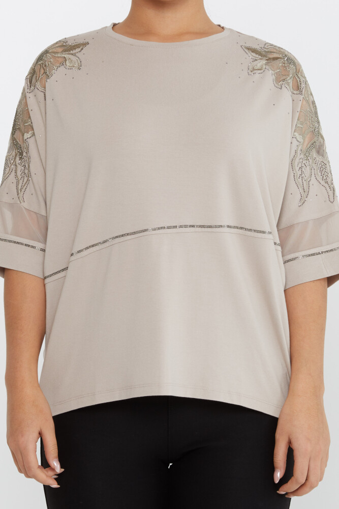 Blouse Manches Pierre Broderie Détaillée Manches Courtes Vison - 79065 | KAZEE (Lot de 4 M-L-XL-2XL) - 3