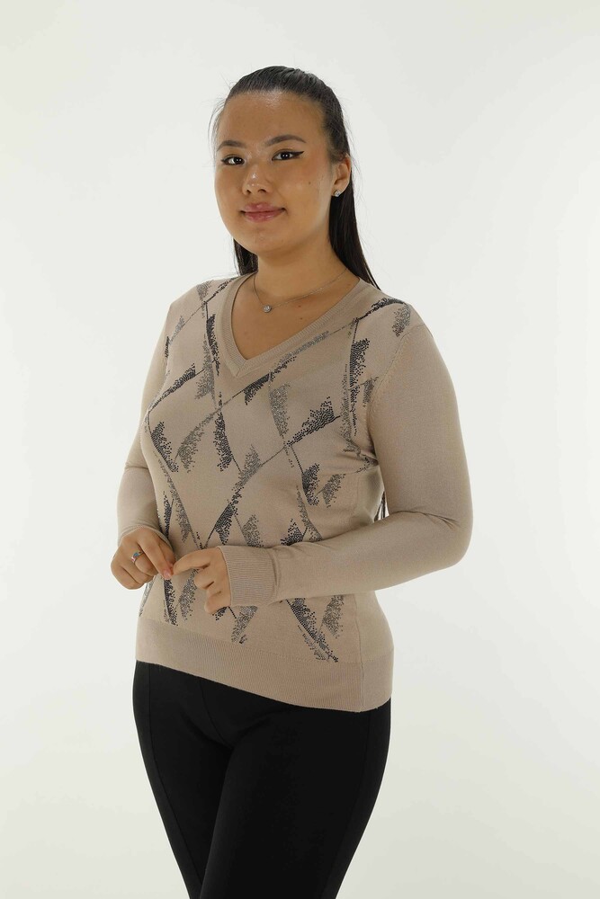 Tricot à manches longues et col en V avec détails en pierre Beige - 30688 | KAZÉE - 1