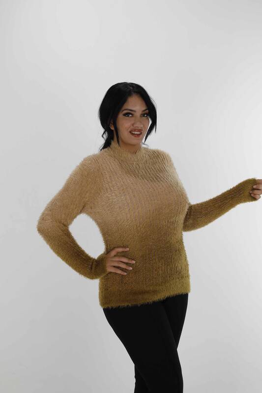 Tricot Angora à manches longues et col montant Camel - 30796 | KAZÉE