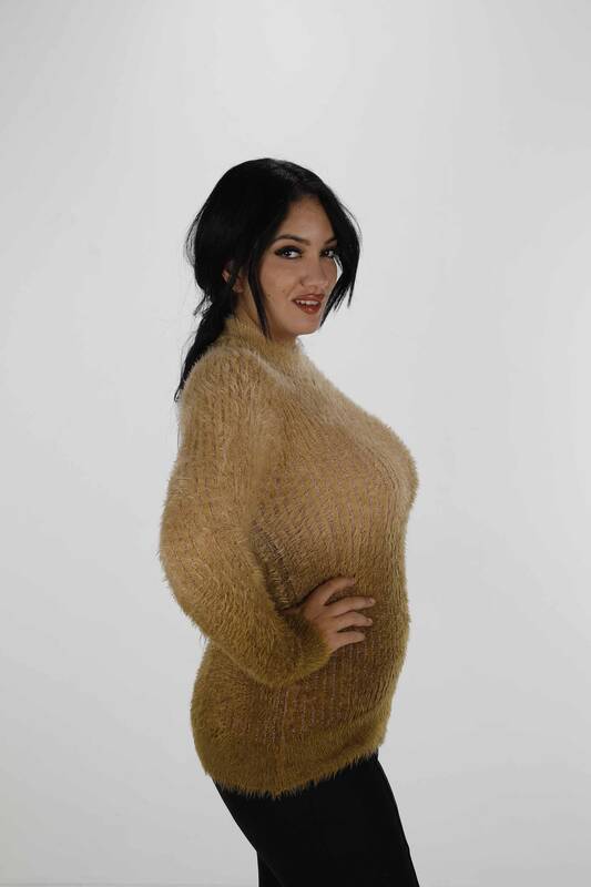 Tricot Angora à manches longues et col montant Camel - 30796 | KAZÉE