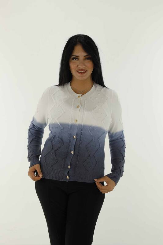 Cardigan en tricot boutonné à manches longues et col rond Bleu - 30782 | KAZÉE