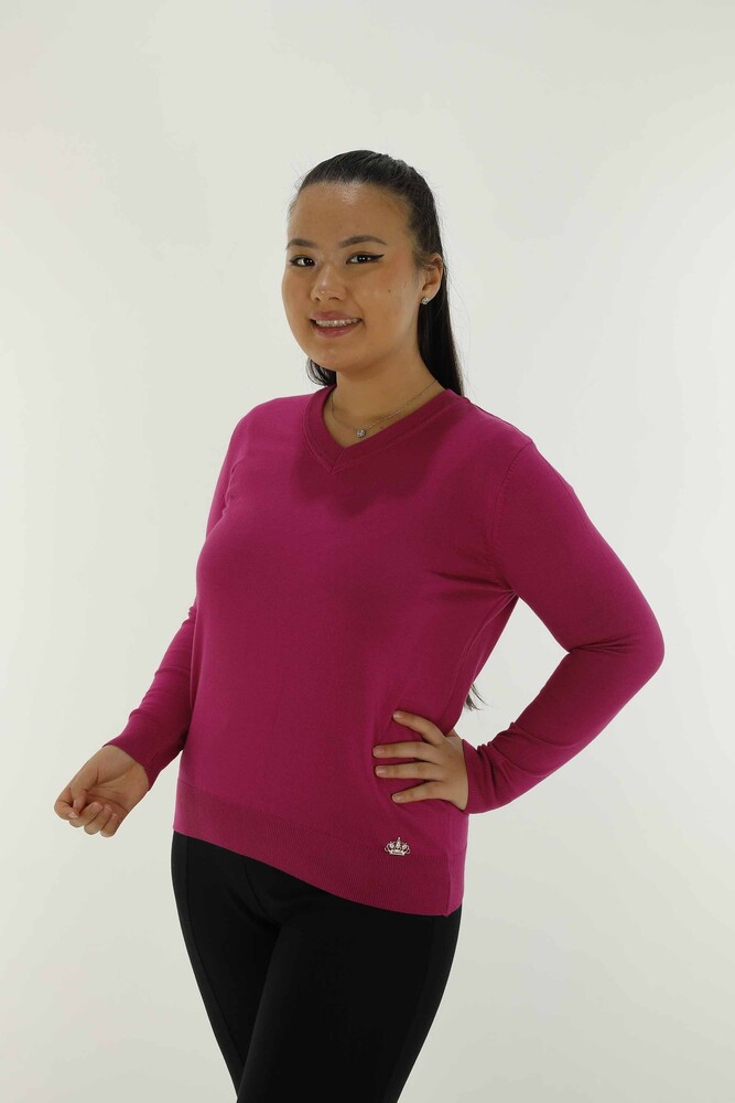 Tricot basique à manches longues et col en V Fuchsia - 30256 | KAZÉE - 1