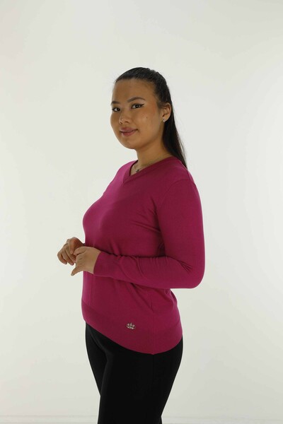 Tricot basique à manches longues et col en V Fuchsia - 30256 | KAZÉE - 3