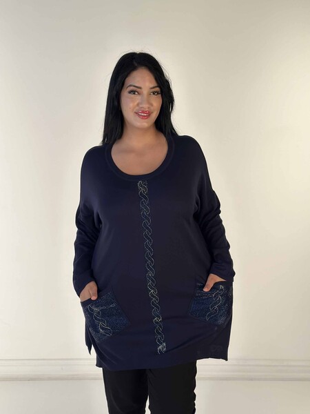 Maglieria da donna all'ingrosso Tasca maglione girocollo con pietre ricamate blu navy - 30622 | KAZEE 