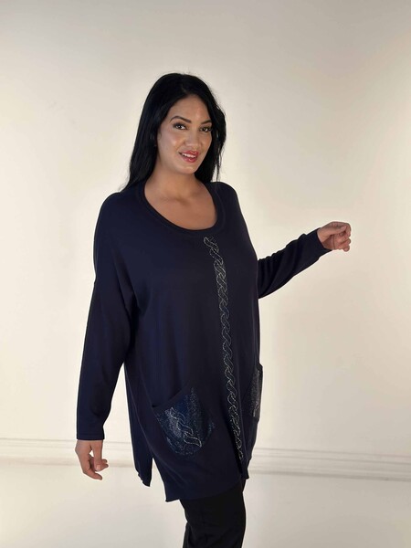 Maglieria da donna all'ingrosso Tasca maglione girocollo con pietre ricamate blu navy - 30622 | KAZEE - 2