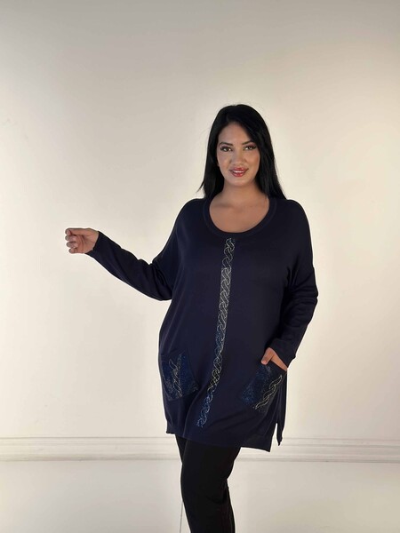 Maglieria da donna all'ingrosso Tasca maglione girocollo con pietre ricamate blu navy - 30622 | KAZEE - Thumbnail