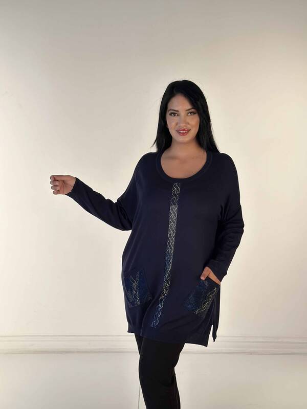 Maglieria da donna all'ingrosso Tasca maglione girocollo con pietre ricamate blu navy - 30622 | KAZEE