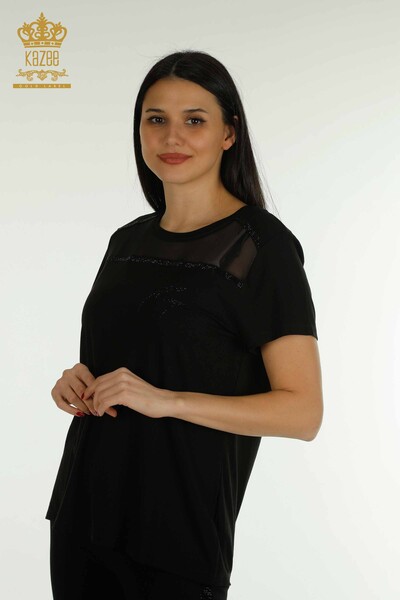 Camicetta da donna all'ingrosso Tulle dettagliato nero - 78996 / KAZEE 