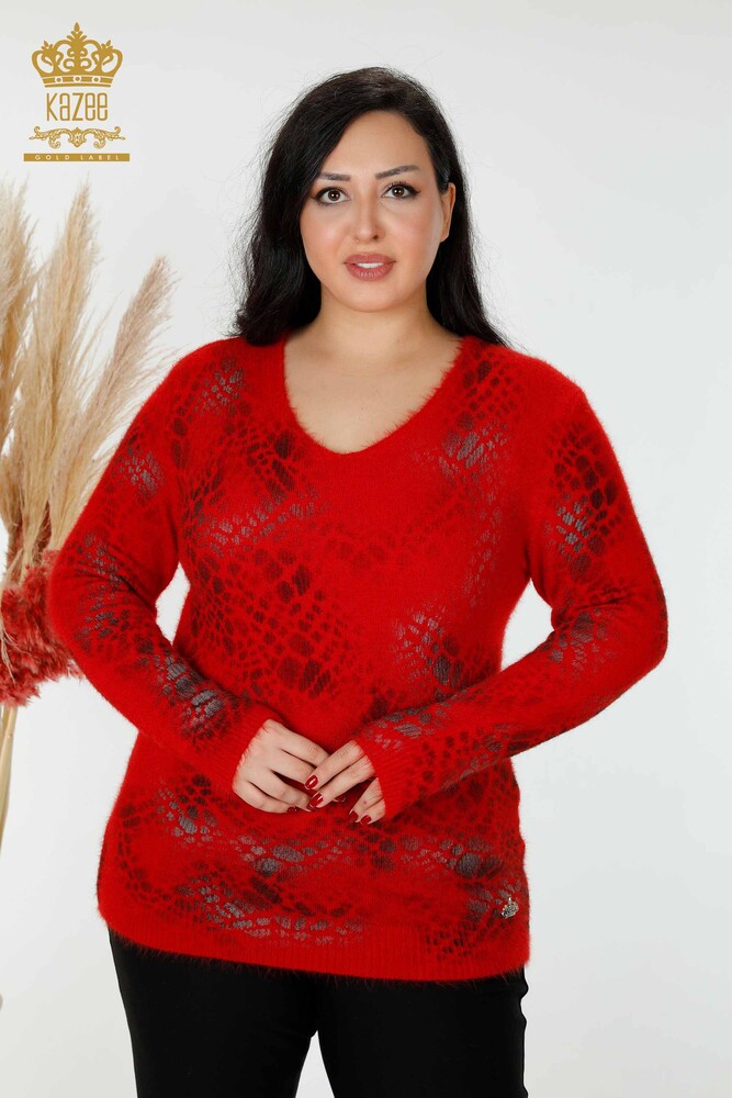 Maglione a maglia da donna all'ingrosso con motivo Angora-Rosso-18980 / KAZEE - 1