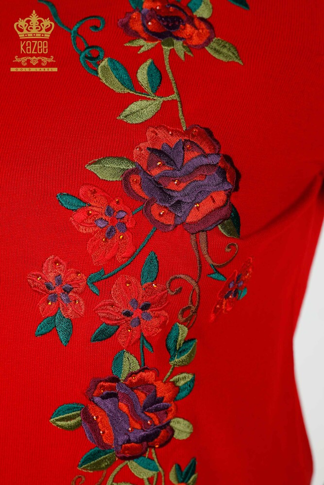 Maglione di maglieria delle donne all'ingrosso con motivo floreale rosso-15876 / KAZEE - 3