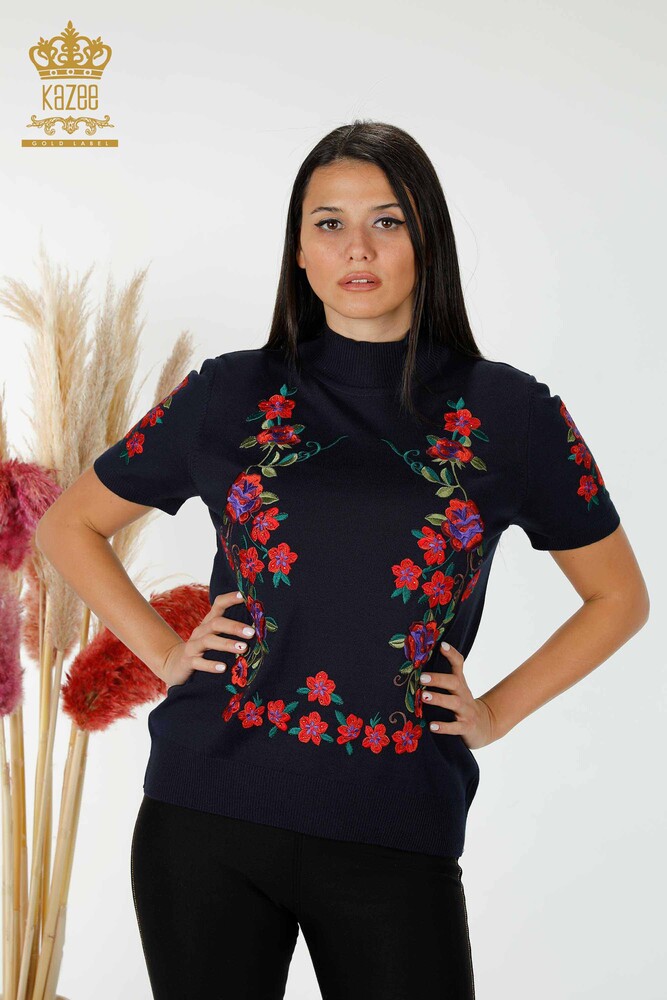 Maglione maglieria donna all'ingrosso con motivo floreale blu navy - 15876 / KAZEE - 1