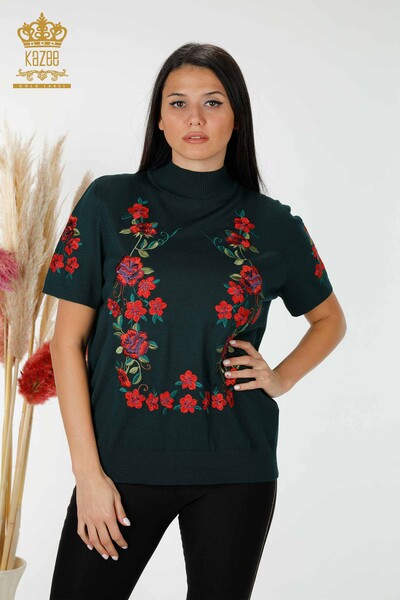 Maglione maglieria donna all'ingrosso con motivo floreale verde scuro - 15876 / KAZEE 