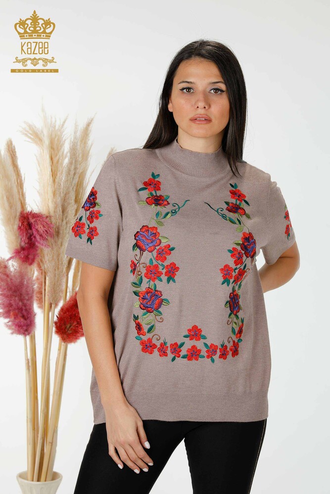 Maglione maglieria donna all'ingrosso con motivo floreale Visone-15876 / KAZEE - 1