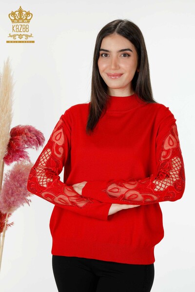 Maglione - Manica a maglia da donna all'ingrosso con dettaglio in tulle-Rosso-30021 / KAZEE - Thumbnail