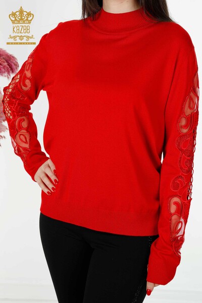 Maglione - Manica a maglia da donna all'ingrosso con dettaglio in tulle-Rosso-30021 / KAZEE - Thumbnail